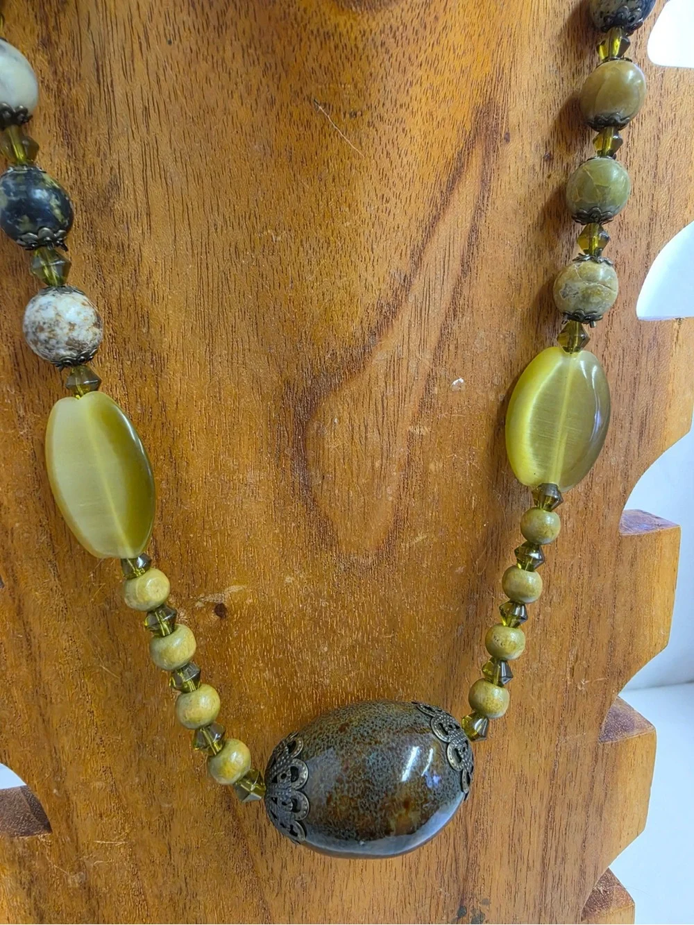 Handmade Green Stone Look Beaded Necklace Toggle Clasp Boho Statement New